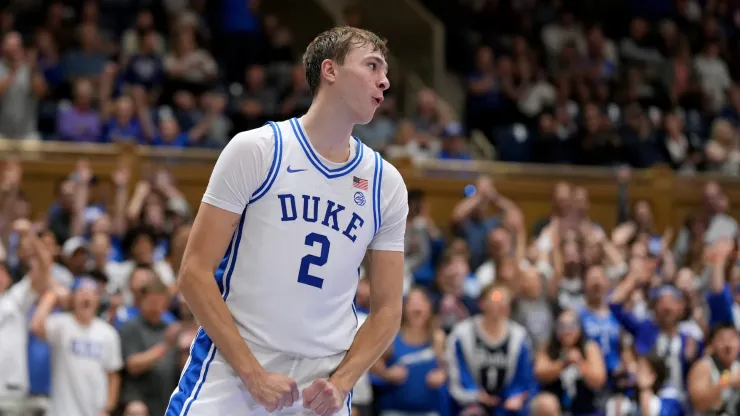 Cooper Flagg  #2 of the Duke Blue Devils reacts after a dunk against the Lincoln Lions
