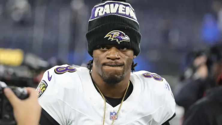 Baltimore Ravens quarterback Lamar Jackson (8) after the Baltimore Ravens game versus the Los Angeles Chargers on November 25, 2024, at Sofi Stadium in Inglewood, CA. 
