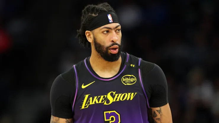 Anthony Davis #3 of the Los Angeles Lakers looks on against the Minnesota Timberwolves in the third quarter at Target Center
