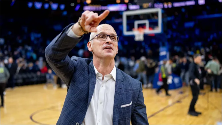 Connecticut Head Coach Dan Hurley celebrates after the UConns win the NCAA college basketball matchup between the Connecticut Huskies and the Villanova Wildcats at Well Fargo Center in Philadelphia, Pennsylvania on January 20, 2024. UConn won defeated Villanova 66-65. Scott Serio Cal Media
