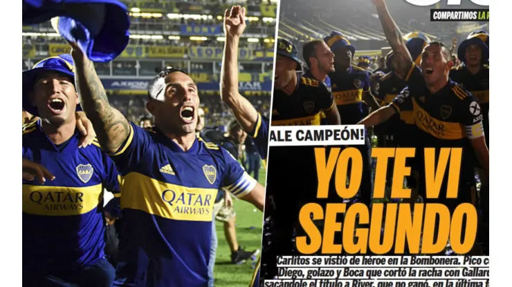 Foto de Carlos Tevez y la tapa del diario Olé.
