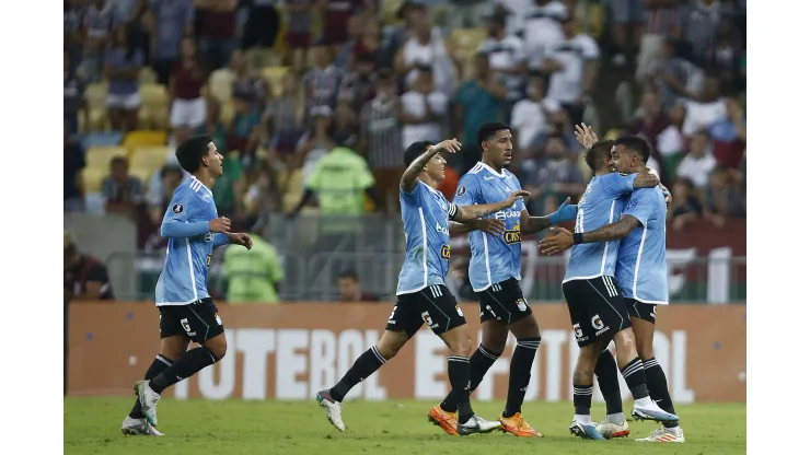 RIO DE JANEIRO, BRAZIL - JUNE 27: Brenner of Sporting Cristal celebrates after scoring the team's first goal with teammates during a Copa CONMEBOL Libertadores 2023 Group D match between Fluminense and Sporting Cristal at Maracana Stadium on June 27, 2023 in Rio de Janeiro, Brazil. (Photo by Wagner Meier/Getty Images)
