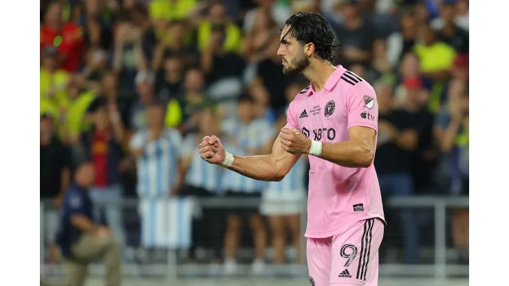 NASHVILLE, TENNESSEE - AUGUST 19: Leonardo Campana #9 of Inter Miami celebrate his penalty kick during the shootout in the Leagues Cup 2023 final match between Inter Miami CF and Nashville SC at GEODIS Park on August 19, 2023 in Nashville, Tennessee. (Photo by Kevin C. Cox/Getty Images)
