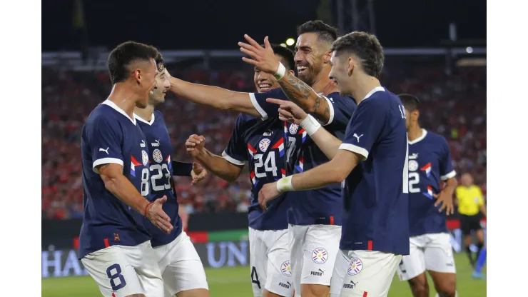 SANTIAGO, CHILE - MARCH 27: Gabriel Avalos (R) of Paraguay celebrates with teammates after scoring the second goal of his team during an international friendly match against Paraguay at Estadio Monumental David Arellano on March 27, 2023 in Santiago, Chile. (Photo by Marcelo Hernandez/Getty Images)
