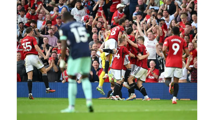 MANCHESTER, ENGLAND - OCTOBER 07: Scott McTominay of Manchester United celebrates with team mates after scoring their sides second goal during the Premier League match between Manchester United and Brentford FC at Old Trafford on October 07, 2023 in Manchester, England. (Photo by Michael Regan/Getty Images)
