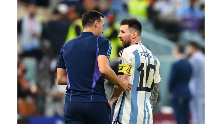 LUSAIL CITY, QATAR - DECEMBER 09: Lionel Scaloni, Head Coach of Argentina, celebrates with Lionel Messi after the win in the penalty shootout during the FIFA World Cup Qatar 2022 quarter final match between Netherlands and Argentina at Lusail Stadium on December 09, 2022 in Lusail City, Qatar. (Photo by Dan Mullan/Getty Images)
