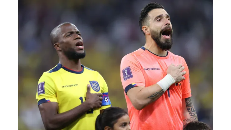 AL KHOR, QATAR - NOVEMBER 20: Angel Mena (l) and Hernan Galindez (r) of Ecuador during the national anthems ahead of   the FIFA World Cup Qatar 2022 Group A match between Qatar and Ecuador at Al Bayt Stadium on November 20, 2022 in Al Khor, Qatar. (Photo by Michael Steele/Getty Images)
