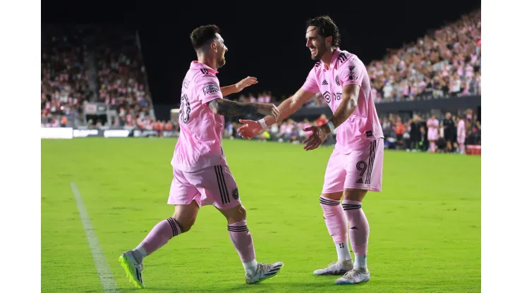 FORT LAUDERDALE, FLORIDA - AUGUST 11: Lionel Messi #10 of Inter Miami CF celebrates his goal with Leonardo Campana #9 in the second half during the Leagues Cup 2023 quarterfinals match between Charlotte FC and Inter Miami CF at DRV PNK Stadium on August 11, 2023 in Fort Lauderdale, Florida. (Photo by Hector Vivas/Getty Images)
