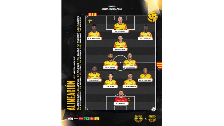 El once de Barcelona SC sin Damián Díaz (Foto: @BarcelonaSC)