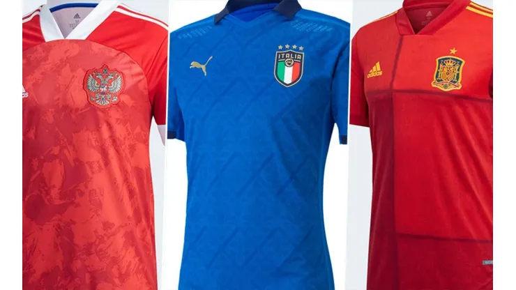 Camisetas de local de Rusia, Italia y España para la Euro 2020.
