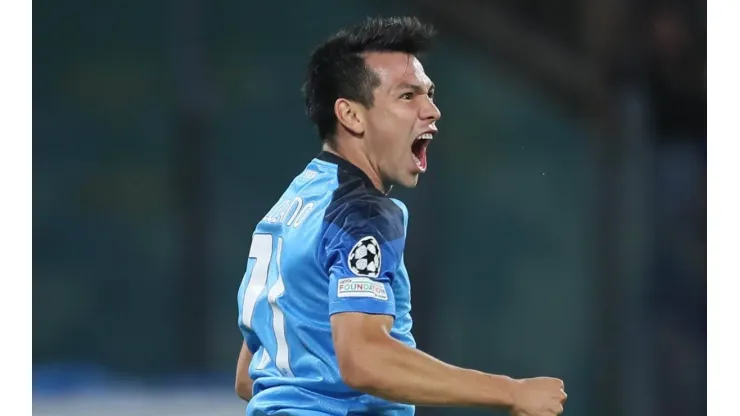 NAPLES, ITALY - OCTOBER 12: Hirving Lozano of SSC Napoli celebrates during the Champions League match between SSC Napoli
