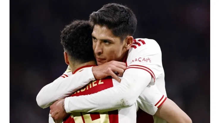 AMSTERDAM - (lr) Jorge Sanchez of Ajax, Edson Alvarez or Ajax celebrate the 1-0 during the Dutch Eredivisie match betwee
