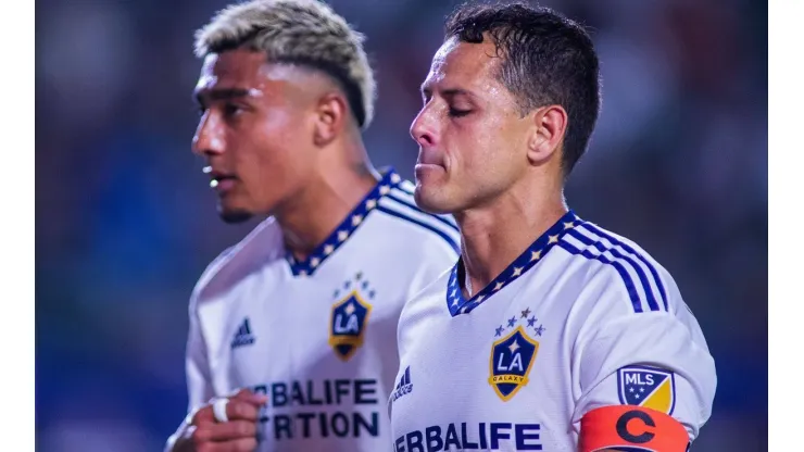 June 29, 2022, CARSON, CALIFORNIA, USA: (L) Julian Araujo 2 and Javier Chicharito Hernandez 14 of the L.A. Galaxy head t
