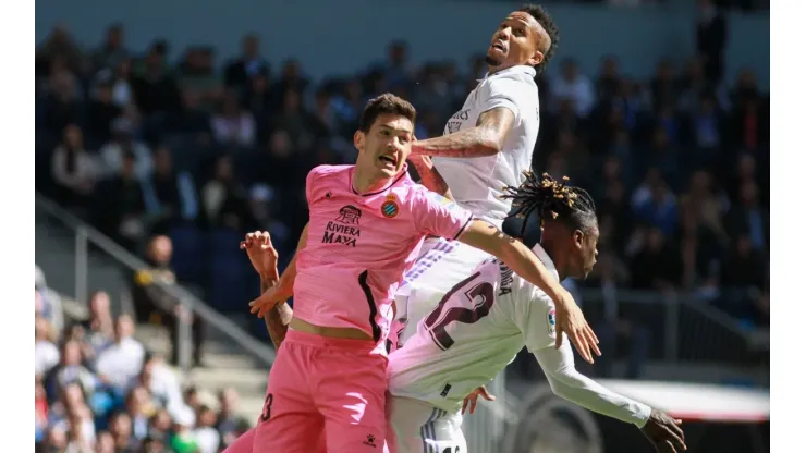 March 11, 2023, MADRID, MADRID, SPAIN: Cesar Montes of Espanyol and Eder Militao and Eduardo Camavinga of Real Madrid fi
