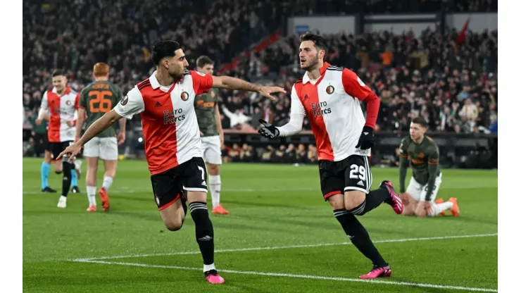 ROTTERDAM - (lr) Santiago Gimenez of Feyenoord, Alireza Jahanbaksh of Feyenoord celebrate the 1-0 during the UEFA Europa
