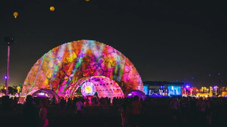 Art installation 'Circular Dimensions x Microscape' by Cristopher Cichocki is seen at the 2022 Coachella Valley Music And Arts Festival.
