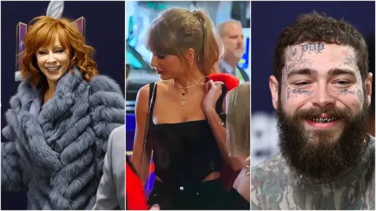 L-R: Reba McEntire, Taylor Swift and Post Malone at the Super Bowl 2024
