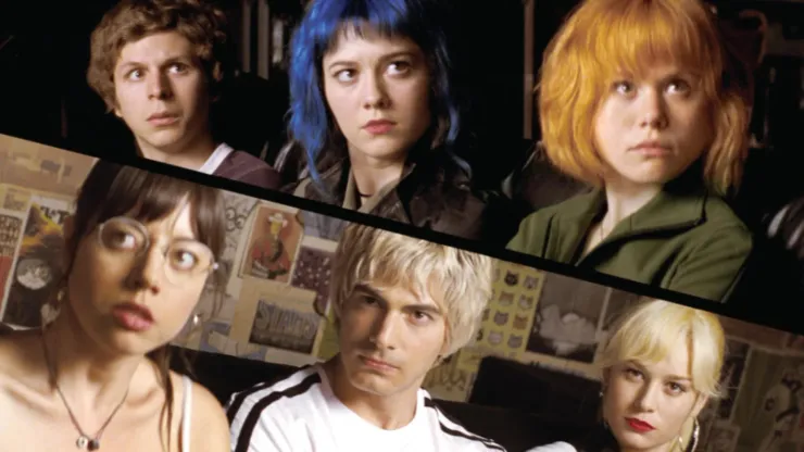 Michael Cera, Brie Larson, Alison Pill, Brandon Routh, Mary Elizabeth Winstead, and Aubrey Plaza in Scott Pilgrim vs. the World.
