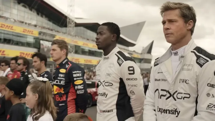 Brad Pitt, Fernando Alonso, Sergio Pérez, Carlos Sainz, Damson Idris, Max Verstappen, Lance Stroll and Charles Leclerc in F1.
