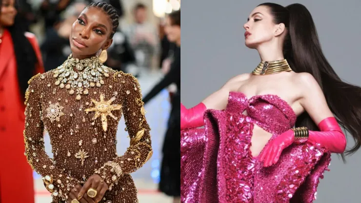 Michaela Coel’s Schiaparelli look at the Met Gala and Anna Hathaway at a photo shoot.
