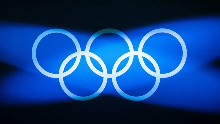 The Olympic rings are illuminated in the stage ahead of the Weightlifting Men's 89kg on day fourteen of the Olympic Games Paris 2024 at South Paris Arena on day fourteen of the Olympic Games Paris 2024 at South Paris Arena on August 09, 2024 in Paris, France.
