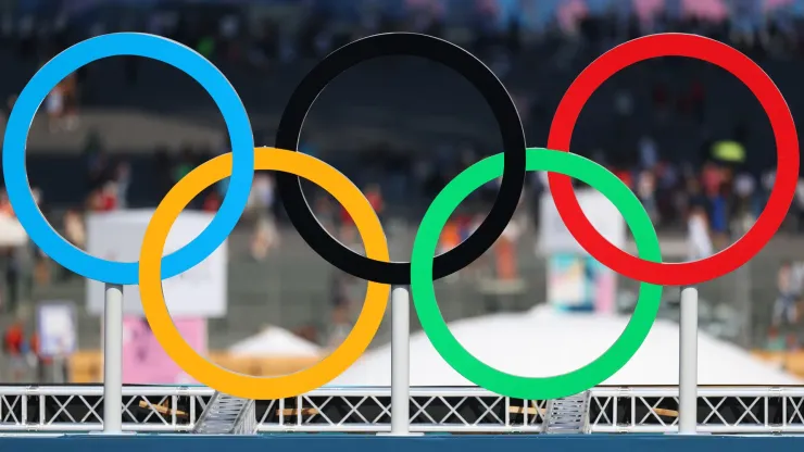 A detailed shot of the Olympic Rings from Beach Volleyball on day three of the Olympic Games Paris 2024 at Eiffel Tower Stadium on July 29, 2024 in Paris, France.
