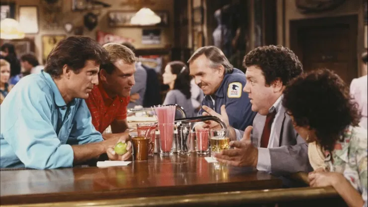 Ted Danson, Woody Harrelson, John Ratzenberger, George Wendt, and Rhea Perlman in "Cheers"
