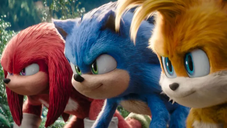 Idris Elba, Colleen O'Shaughnessey and Ben Schwartz in Sonic the Hedgehog 3.
