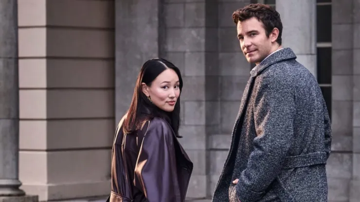 Yerin Ha and Luke Thompson in a photoshoot for Bridgerton Season 4.
