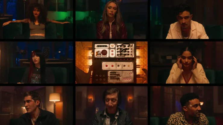 Alycia Debnam-Carey, David Thompson, James Morosini, Brittany O'Grady, Nina Bloomgarden, Devon Terrell, Reina Hardesty and Gavin Leatherwood in It's What's Inside.
