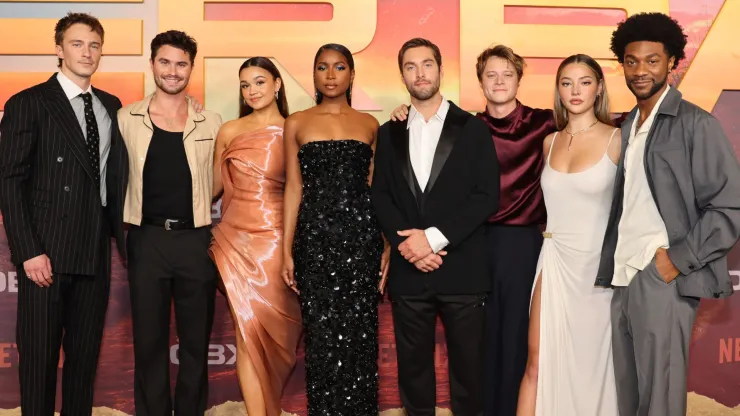 Drew Starkey, Chase Stokes, Madison Bailey, Carlacia Grant, Austin North, Rudy Pankow, Madelyn Cline and Jonathan Daviss attend the Outer Banks Season 4 Charleston World Premiere on October 08, 2024.
