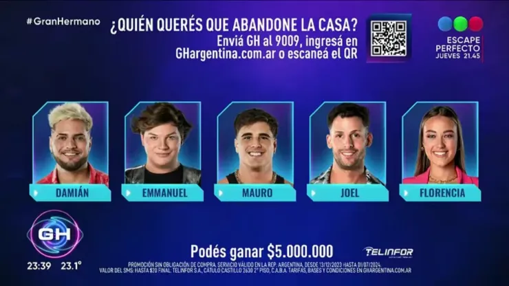 La placa de nominados en GH Argentina 2024.
