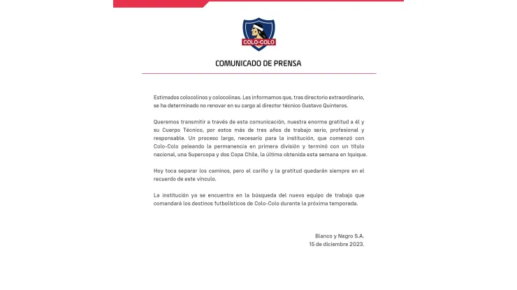 Colo Colo oficializó la salida de Gustavo Quinteros.