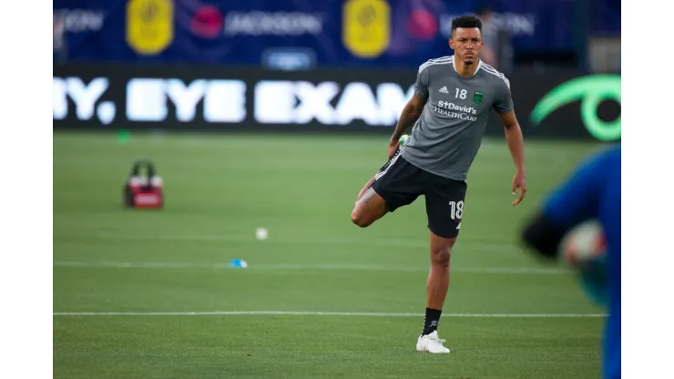 NASHVILLE, TN - MAY 23:  Julio Cascante #18 of Austin FC warms up before the match against the Nashville SC at Nissan Stadium on May 23, 2021 in Nashville, Tennessee.  (Photo by Brett Carlsen/Getty Images) *** Local Caption *** Julio Cascante
