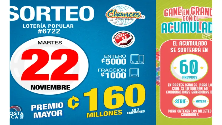 ◉ Chances de Costa Rica de HOY: sorteo, resultados y números ganadores del martes 22 de noviembre | Lotería Costa Rica Premio Mayor ¢160 millones.
