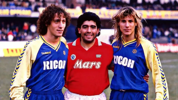 Pedro Troglio junto a Diego Maradona y Paul Caniggia.
