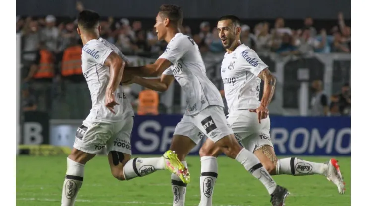 Jogadores do Santos comemoram gol (Foto: Fernanda Luz/AGIF)
