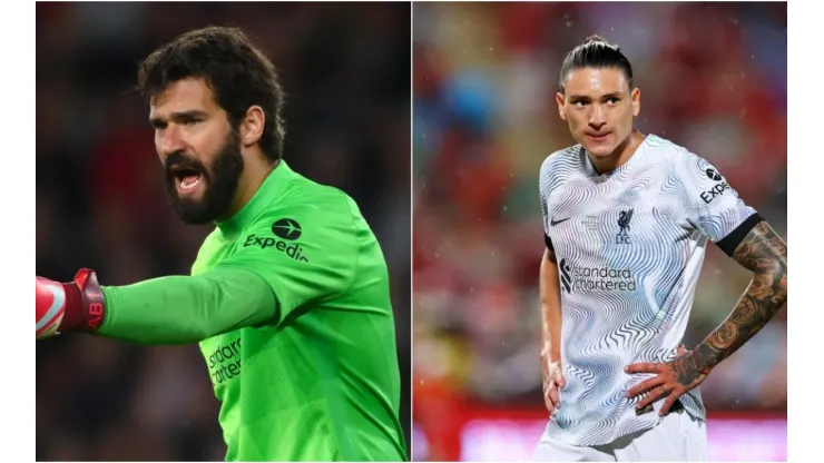 Pakawich Damrongkiattisak/Getty Images; Mike Hewitt/Getty Images - Alisson e Darwin Nunez do Liverpool
