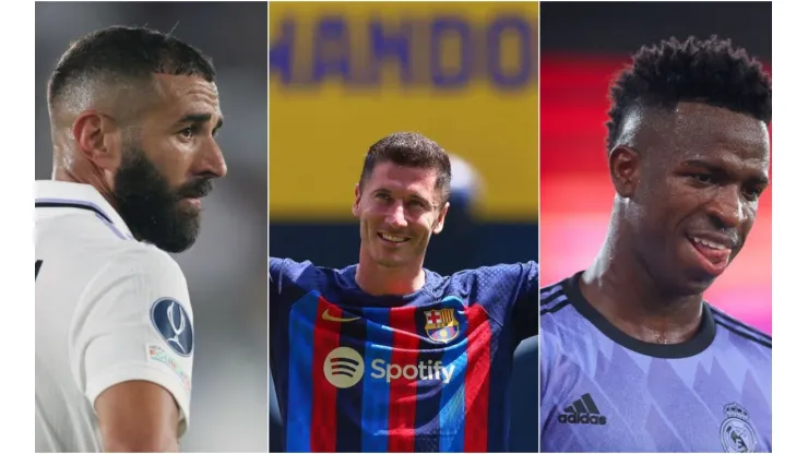 Eric Alonso/Getty Images; Alex Grimm/Getty Images; Fran Santiago/Getty Images - Lewandowski, Benzema e Vinicius Junior
