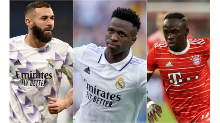 Denis Doyle/Getty Images; Adam Pretty/Getty Images; Stu Forster/Getty Images - Benzema, Mané e Vinicius Junior
