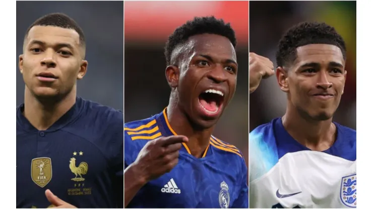 Catherine Ivill, Julian Finney, Fran Santiago/Getty Images - Mbappé, Vinícius Júnior e Bellingham
