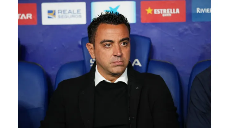 BARCELONA, SPAIN - MAY 14: Xavi, Head Coach of FC Barcelona, looks on prior to the LaLiga Santander match between RCD Espanyol and FC Barcelona at RCDE Stadium on May 14, 2023 in Barcelona, Spain. (Photo by Alex Caparros/Getty Images)
