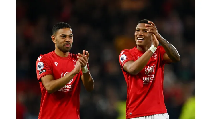 NOTTINGHAM, ENGLAND - APRIL 26: Renan Lodi and Danilo of Nottingham Forest applaud the fans following  the Premier League match between Nottingham Forest and Brighton & Hove Albion at City Ground on April 26, 2023 in Nottingham, England. (Photo by Clive Mason/Getty Images)
