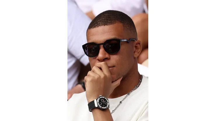 PARIS, FRANCE - JUNE 11: Footballer Kylian Mbappe is seen attending the Men's Singles Final match between Novak Djokovic of Serbia and Casper Ruud of Norway on Day Fifteen of the 2023 French Open at Roland Garros on June 11, 2023 in Paris, France. (Photo by Clive Brunskill/Getty Images)
