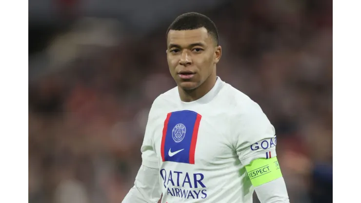 MUNICH, GERMANY - MARCH 08: Kylian Mbappe of Paris Saint-Germain reacts during the UEFA Champions League round of 16 leg two match between FC Bayern München and Paris Saint-Germain at Allianz Arena on March 08, 2023 in Munich, Germany. (Photo by Alex Grimm/Getty Images)
