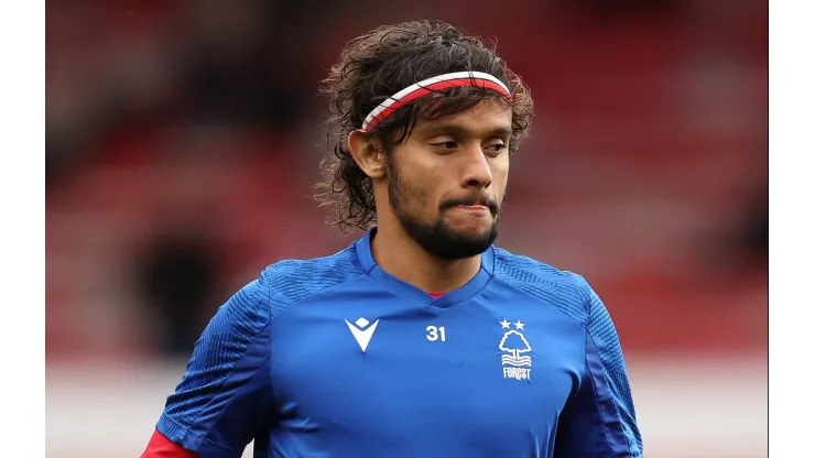 NOTTINGHAM, ENGLAND - FEBRUARY 18: Gustavo Scarpa of Nottingham Forest warms up prior to the Premier League match between Nottingham Forest and Manchester City at City Ground on February 18, 2023 in Nottingham, England. (Photo by Catherine Ivill/Getty Images)
