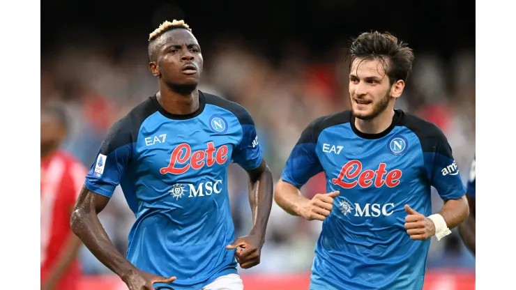 NAPLES, ITALY - AUGUST 21: Victor Osimhen of Napoli celebrates scoring their side's second goal with teammate Khvicha Kvaratskhelia during the Serie A match between Napoli and Monza at Stadio Diego Armando Maradona on August 21, 2022 in Naples, Italy. (Photo by Francesco Pecoraro/Getty Images)
