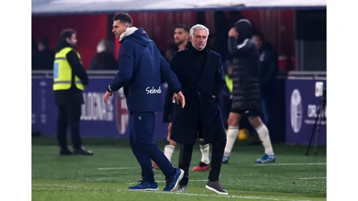 BOLOGNA, ITALY - DECEMBER 17:  Thiago Motta, Head Coach of Bologna FC, and Jose Mourinho, Head Coach of AS Roma, interact after the Serie A TIM match between Bologna FC and AS Roma at Stadio Renato Dall'Ara on December 17, 2023 in Bologna, Italy. (Photo by Alessandro Sabattini/Getty Images)
