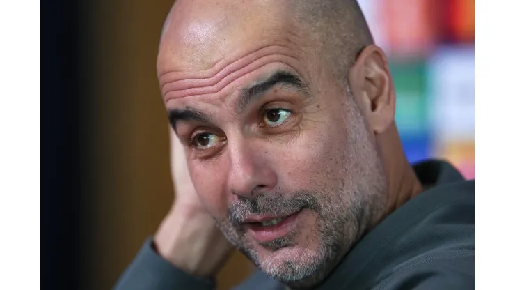 MANCHESTER, ENGLAND - MARCH 05:  Pep Guardiola the manager of Manchester City faces the media during a press conference at Manchester City Football Academy on March 05, 2024 in Manchester, England. (Photo by Alex Livesey/Getty Images)
