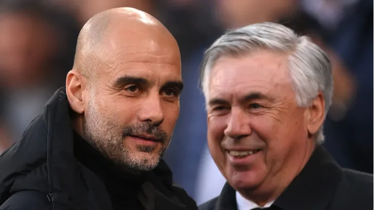 Encontro entre Guardiola e Ancelotti. Foto: Laurence Griffiths/Getty Images
